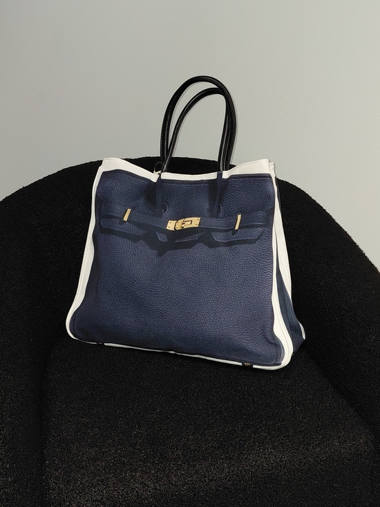 Handbags - BIRKIN INSPIRED LARGE CANVAS Navy and White Leather Tote Bag with Black Handles